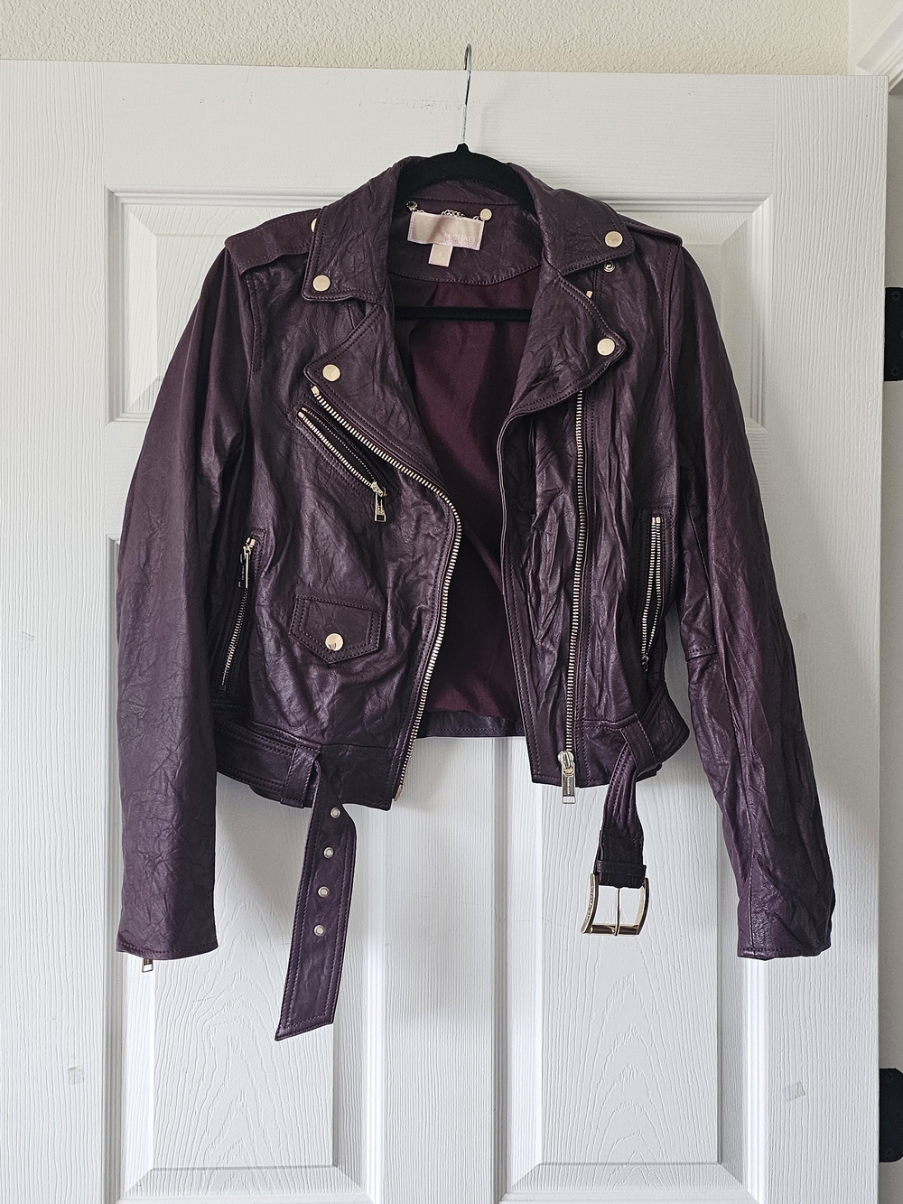 Michael Kors Lambs Leather Dark Plum Burgundy Collar Moto Jacket Biker Small #2 - Picture 4 of 9